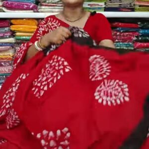 Bold Crimson Red & Black Contrast Cotton Batik Saree