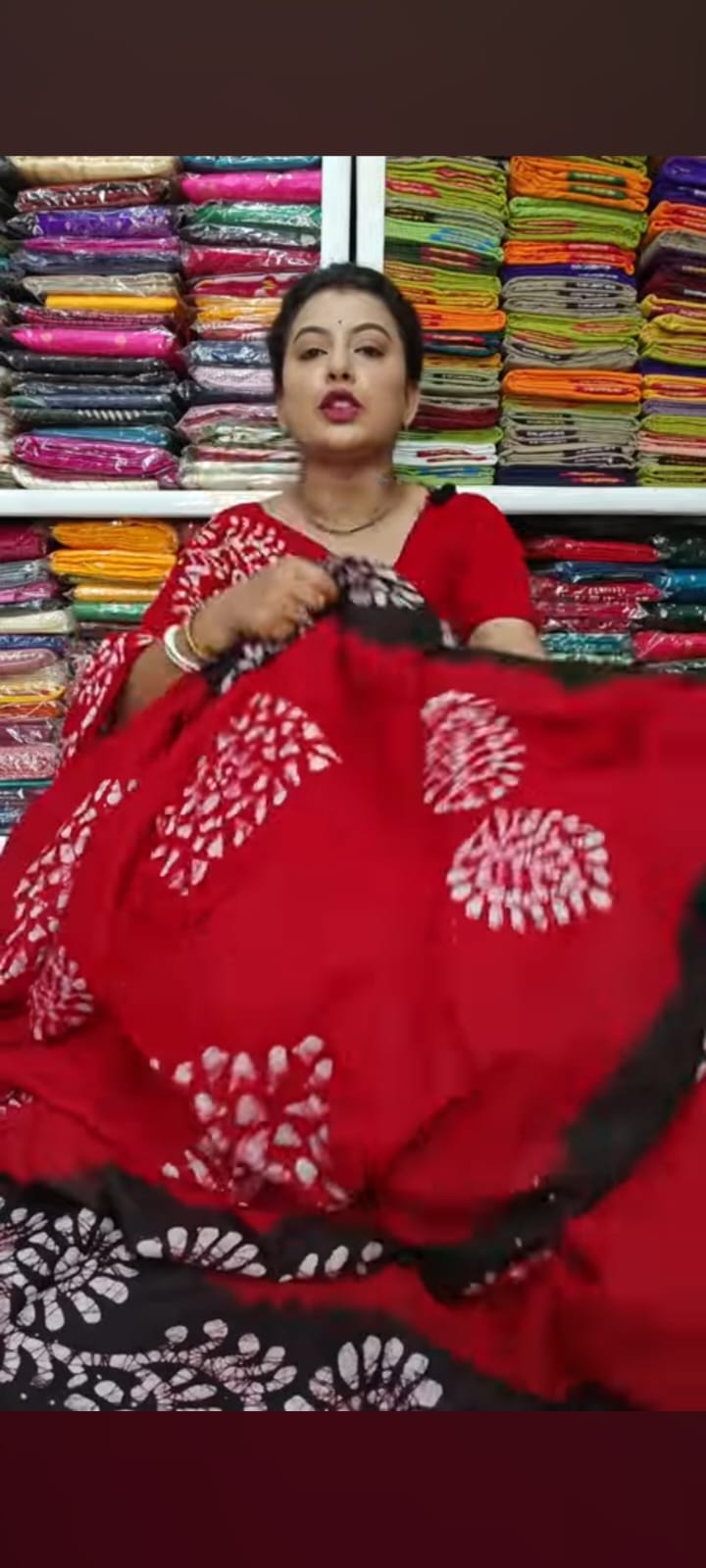Bold Crimson Red & Black Contrast Cotton Batik Saree