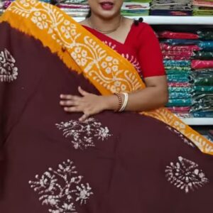 Elegant Chocolate Brown & Mustard Pure Cotton Batik Saree