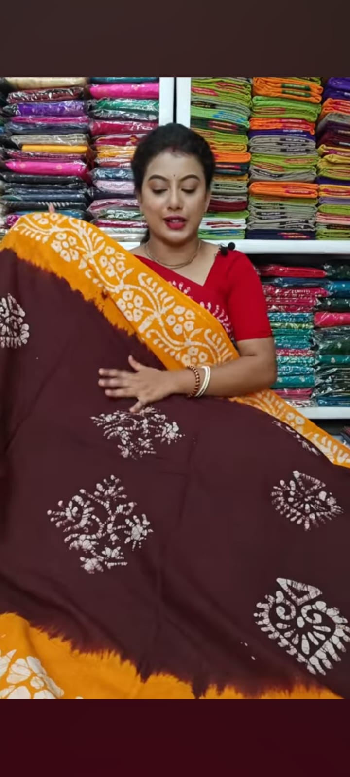 Elegant Chocolate Brown & Mustard Pure Cotton Batik Saree