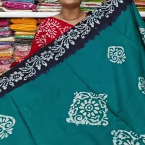 Stunning Teal Blue & Navy Contrast Cotton Batik Saree
