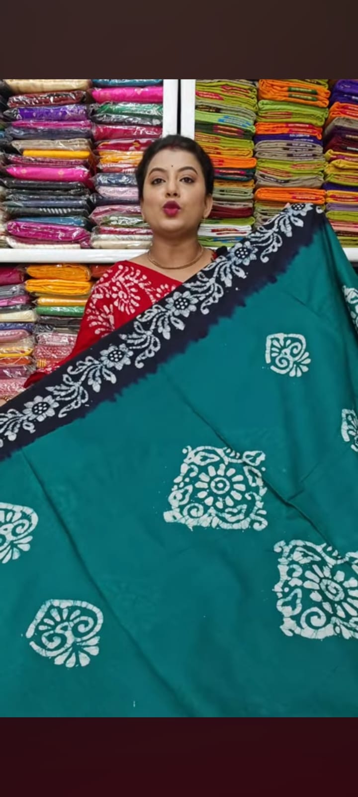 Stunning Teal Blue & Navy Contrast Cotton Batik Saree