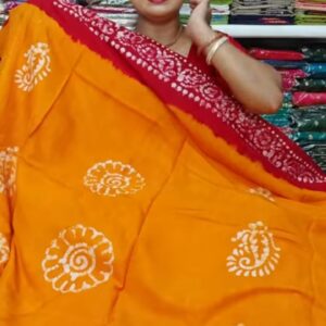 Joyful Marigold Yellow & Crimson Red Cotton Batik Saree