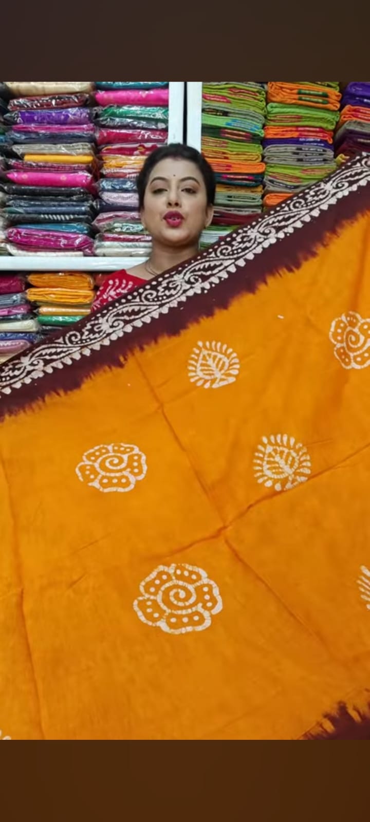 Radiant Amber Yellow & Dark Brown Cotton Batik Saree