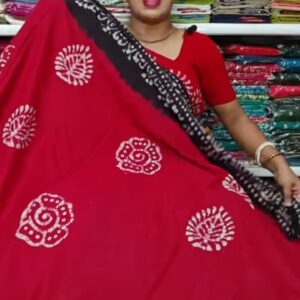 Classic Red & Black Hand-Print Cotton Batik Saree
