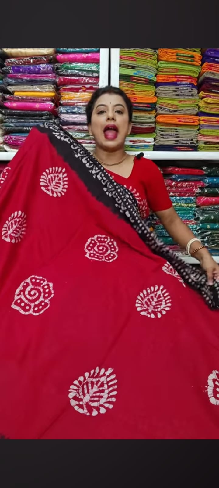 Classic Red & Black Hand-Print Cotton Batik Saree
